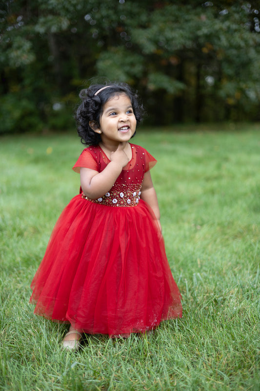 Floral Beadwork Maroon Tulle Dress