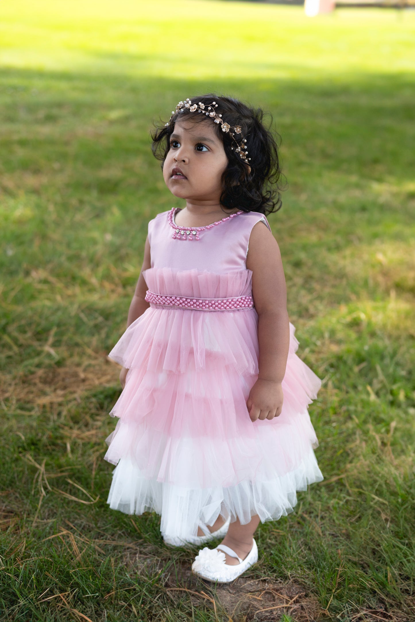 Pink and White Tulle Layered Dress