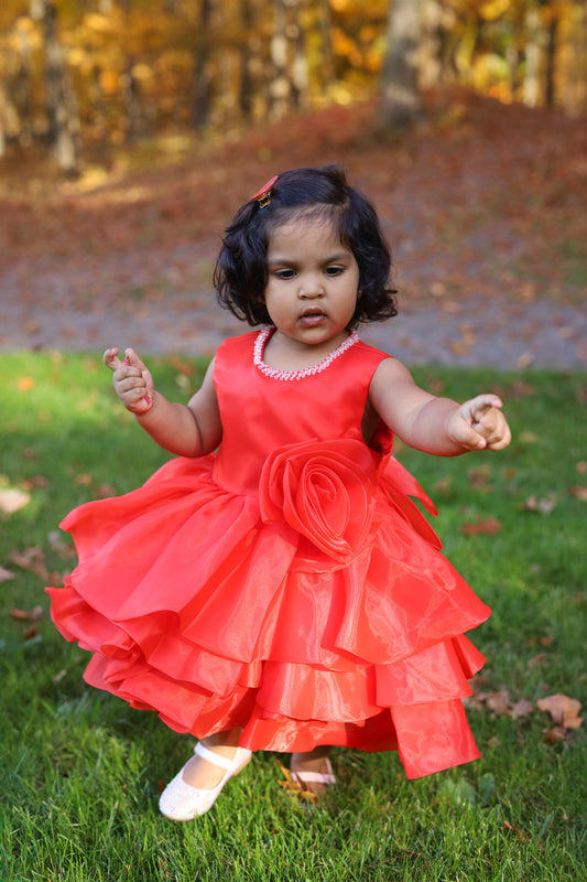 Multilayered Fluffy Floral Red Dress