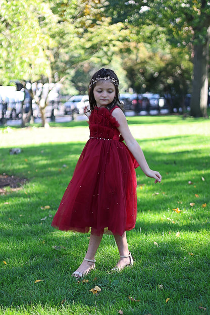 Maroon Pleats Pearl Dress