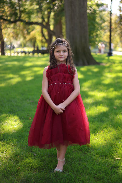 Maroon Pleats Pearl Dress