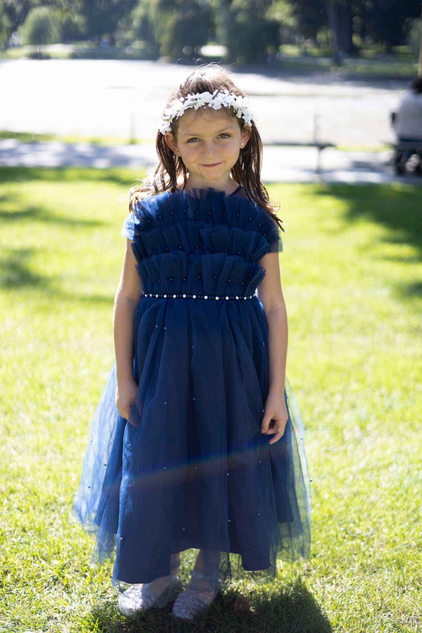 Blue Pleats Pearl Dress