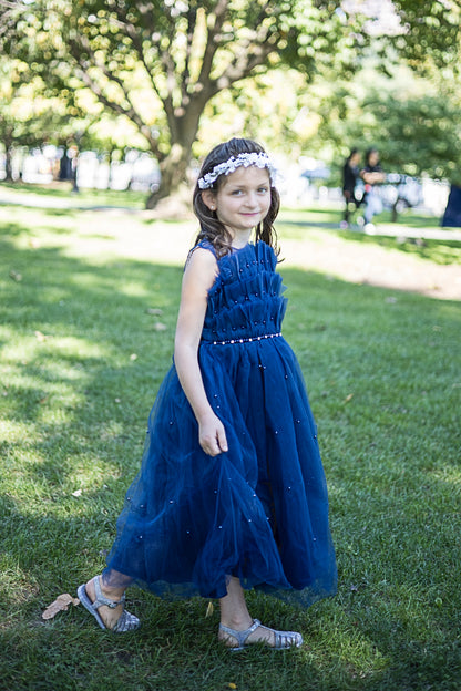 Blue Pleats Pearl Dress