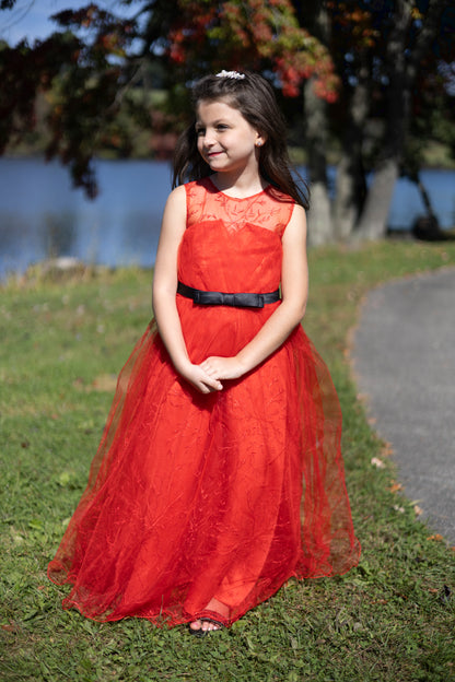 Red Embroidery Tulle Dress with Satin Sash