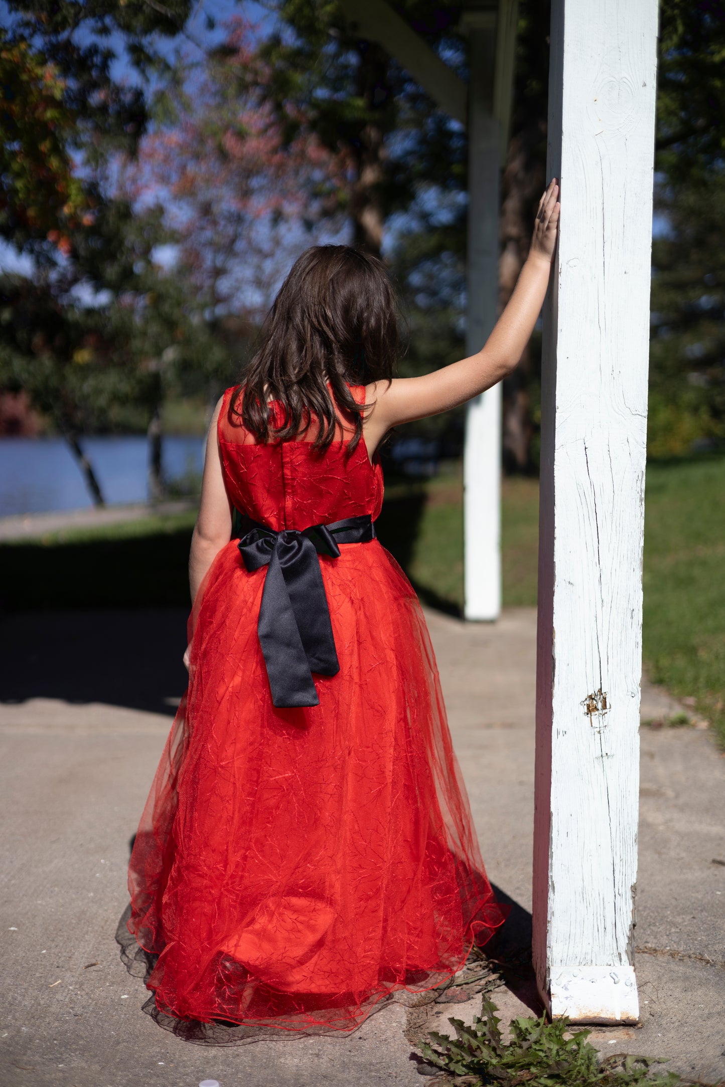 Red Embroidery Tulle Dress with Satin Sash