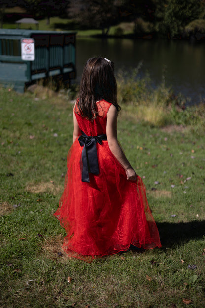 Red Embroidery Tulle Dress with Satin Sash