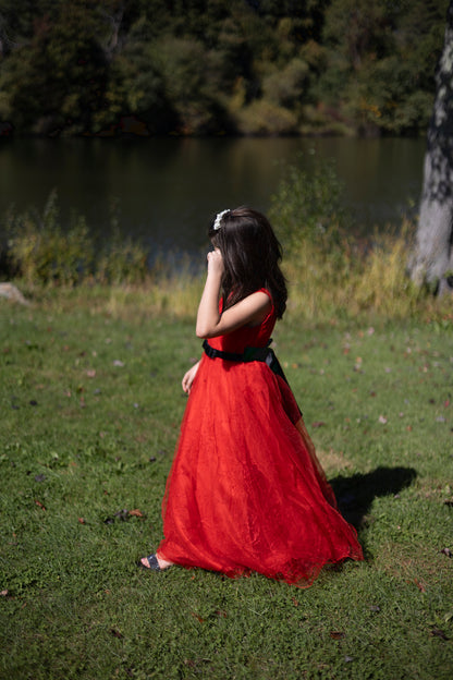 Red Embroidery Tulle Dress with Satin Sash