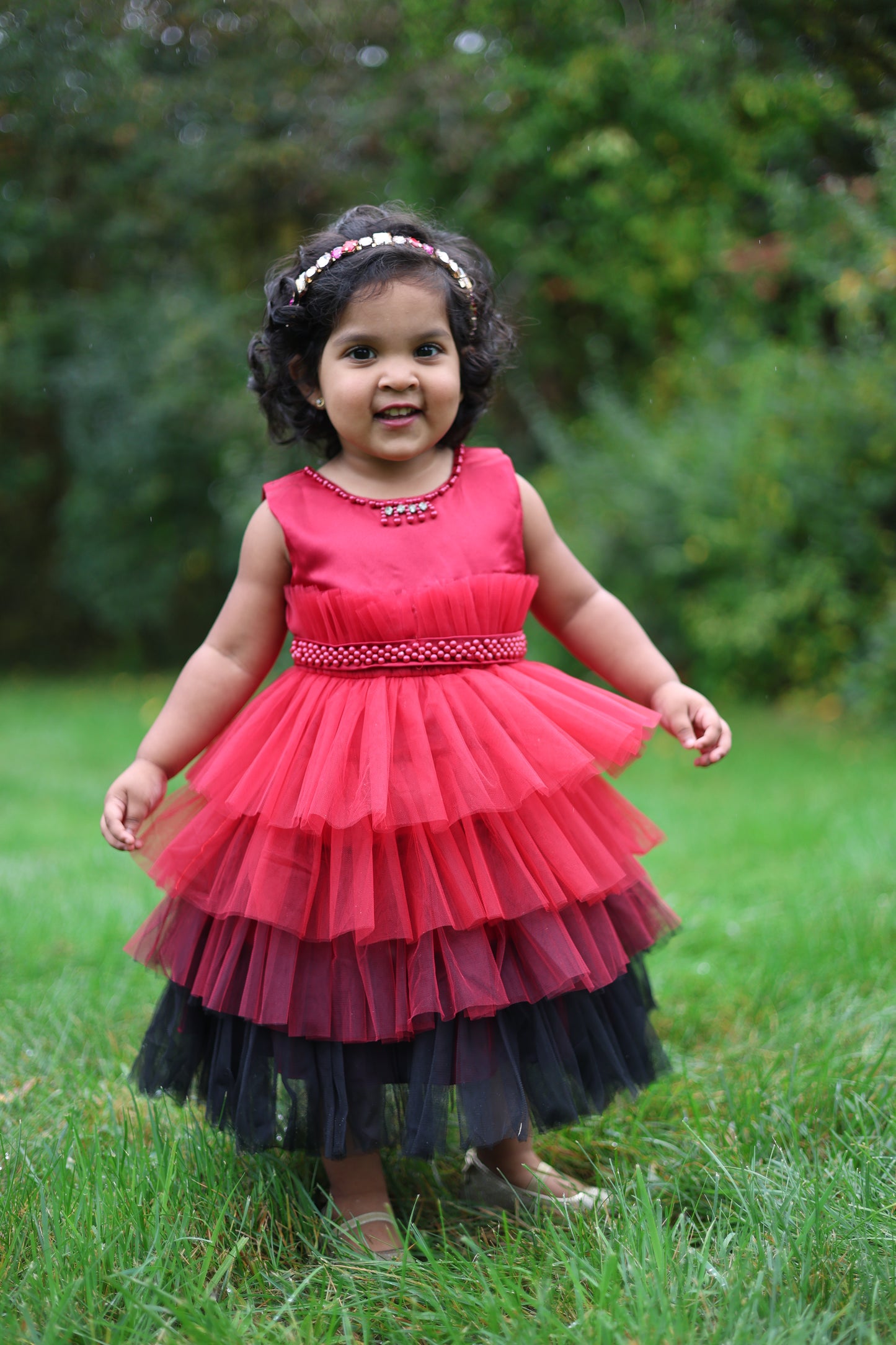 Red and Black Tulle Layered Dress