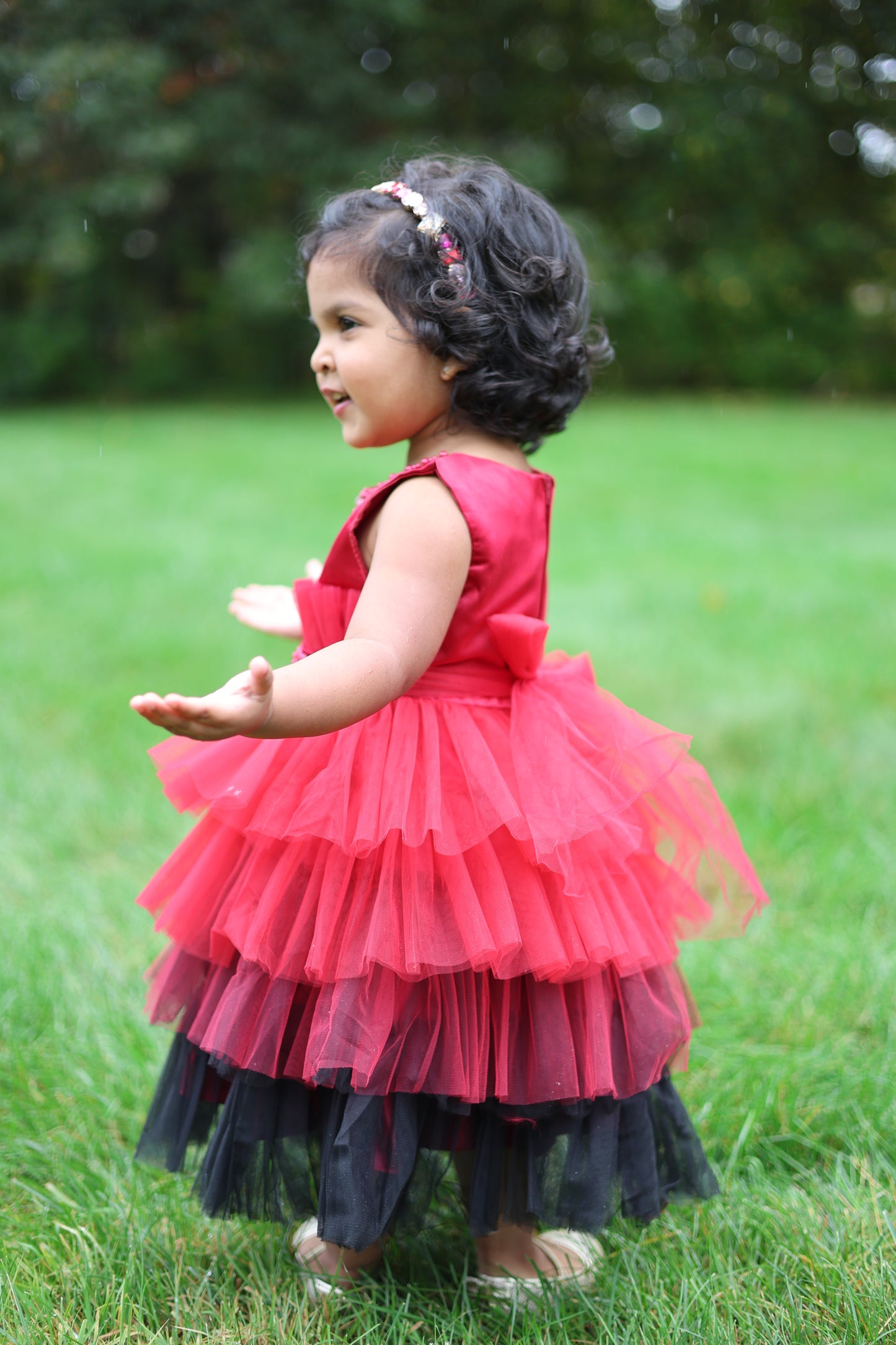 Red and Black Tulle Layered Dress