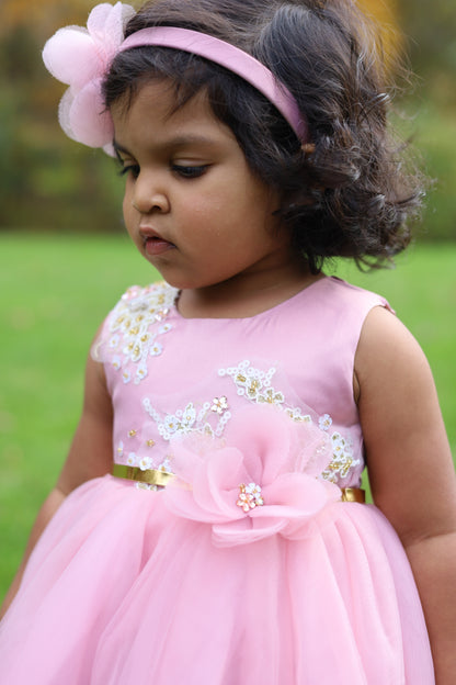 Pink Floral Embroidery Flower Sash Tutu Dress