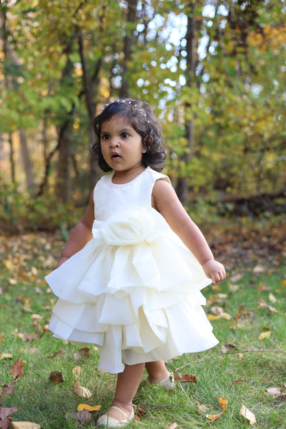 Multilayered Fluffy Floral Ivory Dress