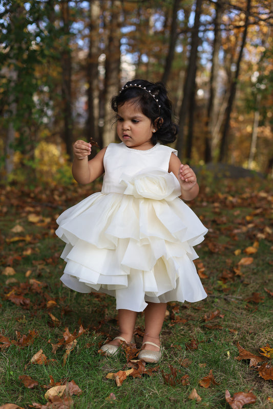 Multilayered Fluffy Floral Ivory Dress